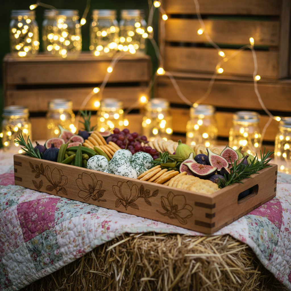 A close-up, side angle view of a hand-carved wooden serving tray embellished with a laser-etched magnolia motif, filled with colorful, carefully arranged charcuterie bites—herbed goat cheese balls, pickled okra, jewel-toned figs, buttery crackers, and fresh rosemary sprigs. The tray sits atop a patchwork quilt draped over a hay bale, with a blurred background of fairy-lit mason jars and stacked vintage crates. Soft, glowing string lights cast a warm, golden ambiance over the scene, highlighting the varied textures and bright colors. The image is shot with shallow depth of field for a dreamy, energetic effect, perfectly merging rustic style, southern charm, and playful whimsy, supporting The Southern Graze’s distinct catering personality.