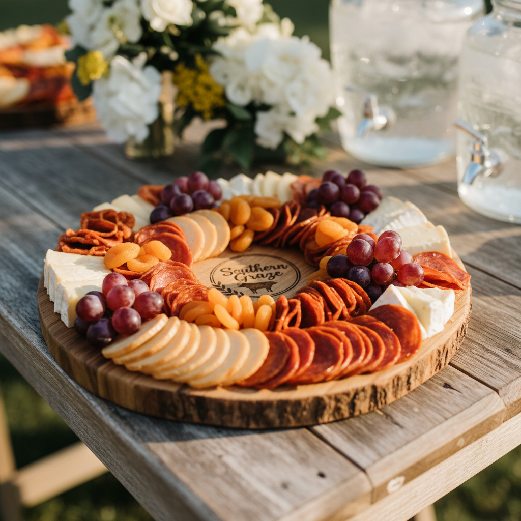 A photorealistic close-up of a personalized miniature charcuterie board, featuring rounds of smoked gouda, creamy brie wedges, spicy pepperoni, plump grapes, and dried apricots arranged in a swirling, playful pattern. The round wooden board displays a stamped Southern Graze logo and rests atop a weathered barnwood cocktail table. Soft, diffused afternoon sunlight from nearby windows creates subtle highlights on glossy cheeses and fruit, with a gentle bokeh effect blurring the background of floral centerpieces and glass drink dispensers. The scene is energetic and whimsical, composed at eye-level with tight focus on the inviting textures and colors, capturing the playful, rustic essence of the brand’s mobile catering.