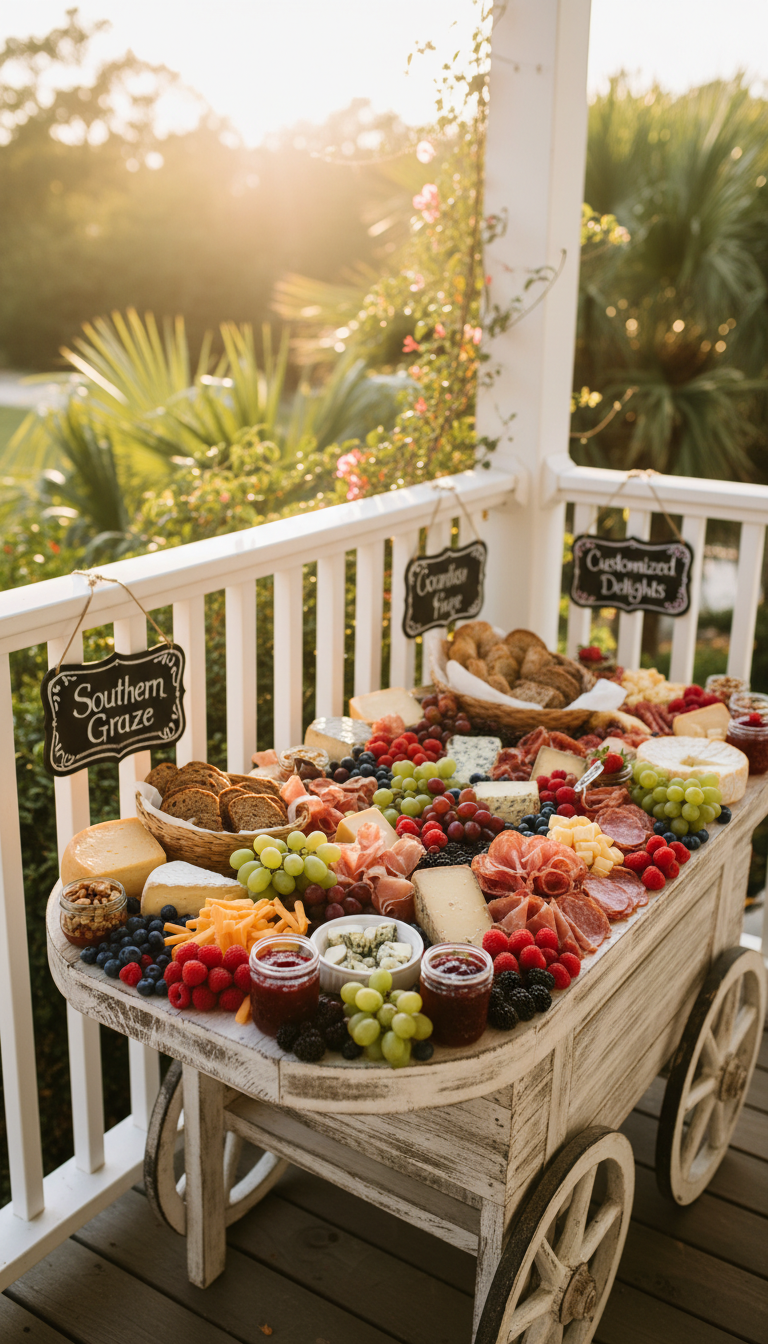A playful, overflowing wooden charcuterie cart adorned with an array of vibrant, freshly sliced cheeses, cured meats, colorful berries, and rustic bread rounds. The cart features rounded corners, whimsical chalkboard menu signs, and tiny mason jars filled with honey, jams, and nuts. It is situated on a sunlit veranda framed by whitewashed wooden railings, with lush southern greenery peeking through the slats. Bright, golden hour sunlight casts cheerful highlights across the cart, intensifying the colors and creating soft, energetic shadows. Captured from a slightly elevated angle and using a centered composition for emphasis, this photographic scene has a vivid, energetic mood and a rustic-chic aesthetic. The image perfectly embodies the Southern Graze’s charming, customized catering experience.