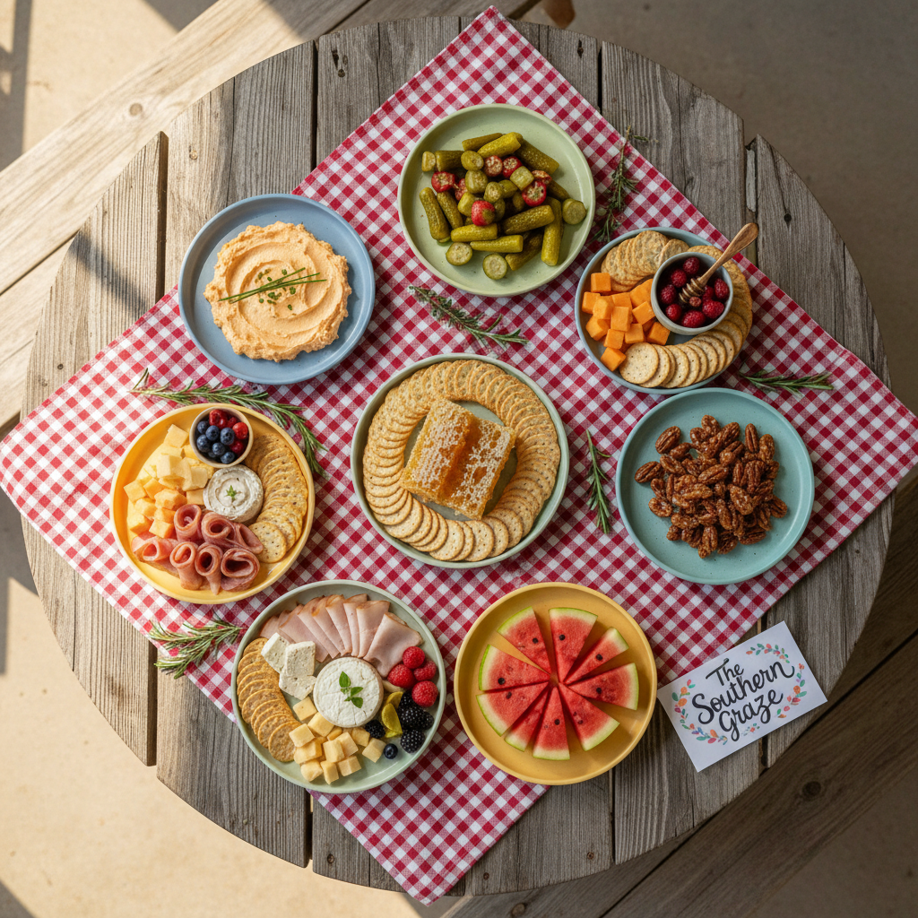 An inviting, overhead (bird's eye) view of a brightly colored charcuterie spread laid out picnic-style on a gingham tablecloth. Small, rounded serving plates display an assortment of Southern favorites: pimento cheese, spicy pickles, candied pecans, honeycomb, and vibrant slices of watermelon, all arranged in rounded, whimsical clusters. Sunlight filters through the open sides of a charming barn pavilion, creating dappled, playful light across the scene. The composition is lively and balanced with rounded forms and vivid hues, capturing the energy and fun of a private event or party catered by The Southern Graze. The photographic realism and cheerful mood make this an ideal representation for the playful, personalized service.